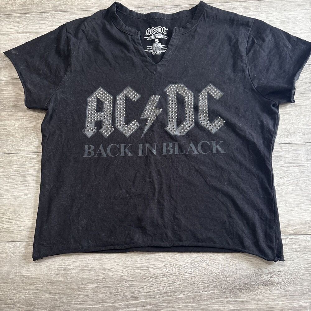 AC/DC Baby T Rolled Hem Split Neck Rhinestone Stud Washed Back in Black Size S
